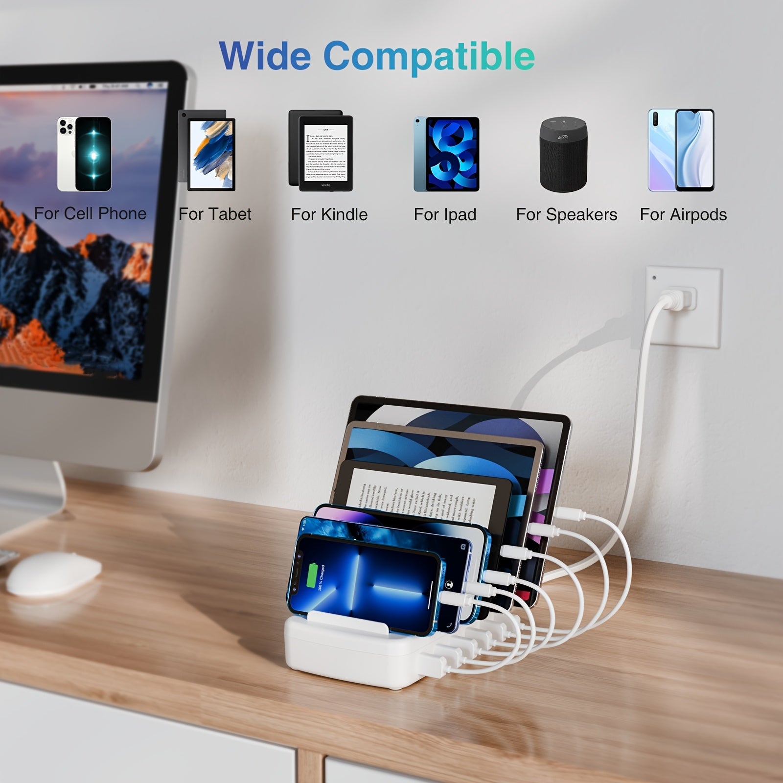 Fast Charging Station for Multiple Devices, 50W 6-Port USB Charging Station with 14 Slots, 7-Detachable Dividers Can Choose Width According to Devices And Adjust Spacing Freely, 1 Fixed Low Baffle Allows to Place The Phone Without Blocking The Screen,