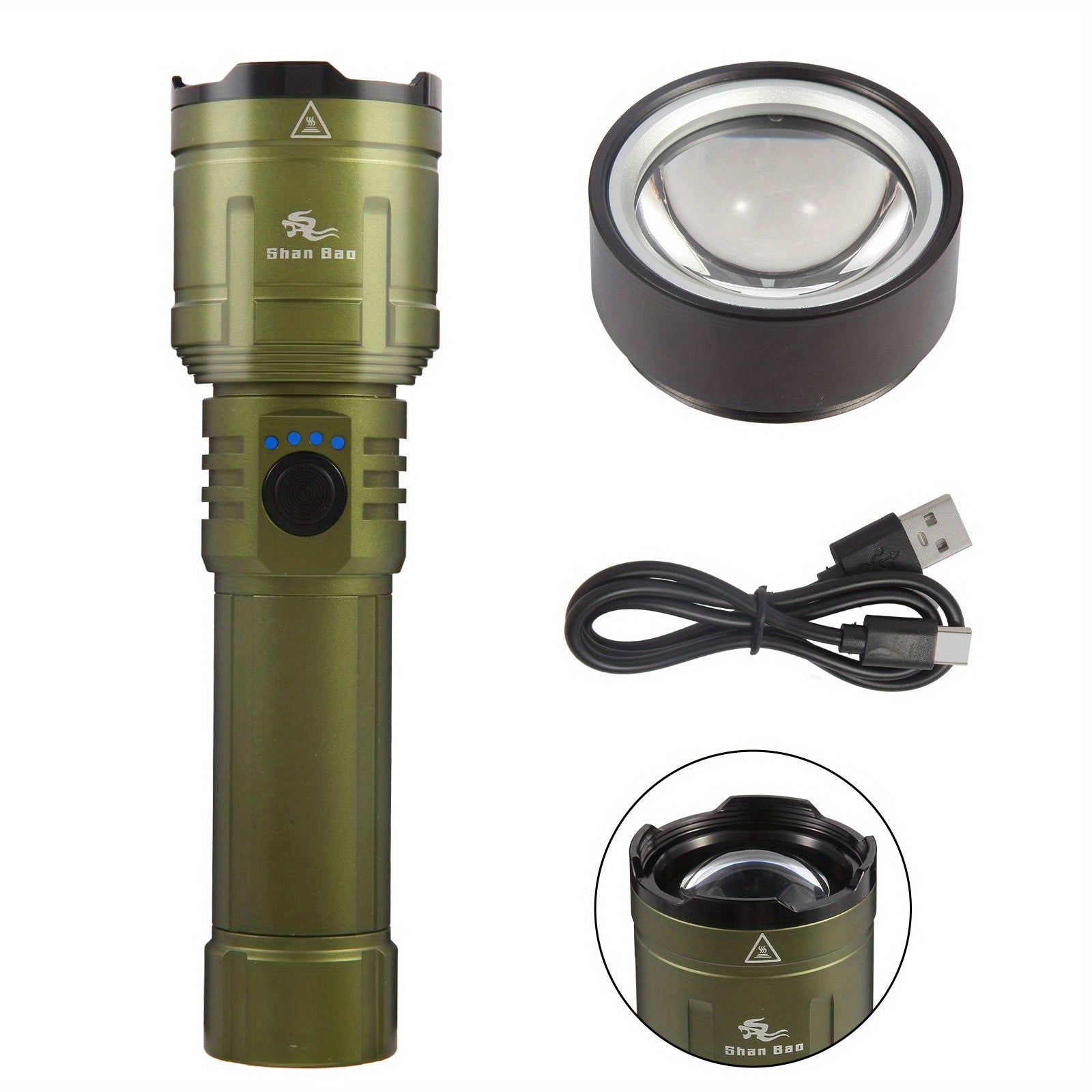 Green Outdoor Camping Mountaineering Zoom Flashlight Strong Light Focusing Light Source Can Ignite The Flame