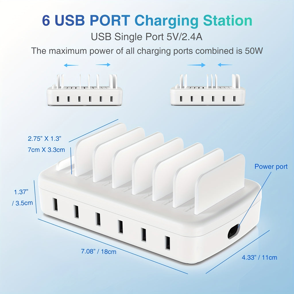 Fast Charging Station for Multiple Devices, 50W 6-Port USB Charging Station with 14 Slots, 7-Detachable Dividers Can Choose Width According to Devices And Adjust Spacing Freely, 1 Fixed Low Baffle Allows to Place The Phone Without Blocking The Screen,