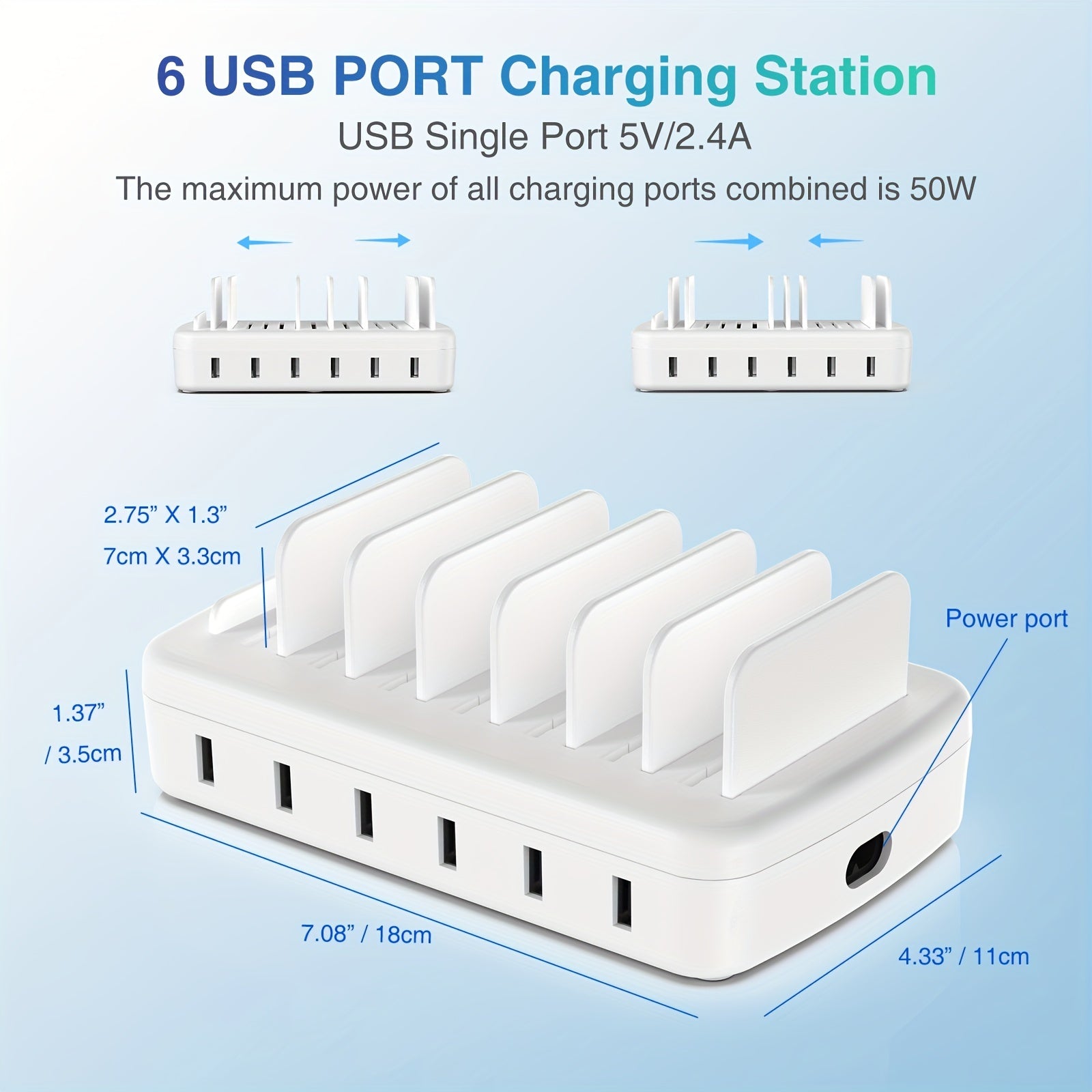 Fast Charging Station for Multiple Devices, 50W 6-Port USB Charging Station with 14 Slots, 7-Detachable Dividers Can Choose Width According to Devices And Adjust Spacing Freely, 1 Fixed Low Baffle Allows to Place The Phone Without Blocking The Screen,
