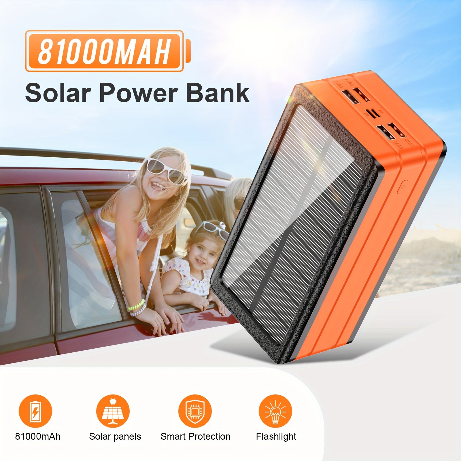 81000mAh Solar Power Bank with 32 LED Camping Light, 30W Super Fast Charging, 2-in-1 Portable Solar Generator & Power Bank, 5-Device Charging, USB-C/PD/DC Input/Output, 36V Low Voltage, 32 LED Flashlight, Compact & Lightweight for Camping, Travel,