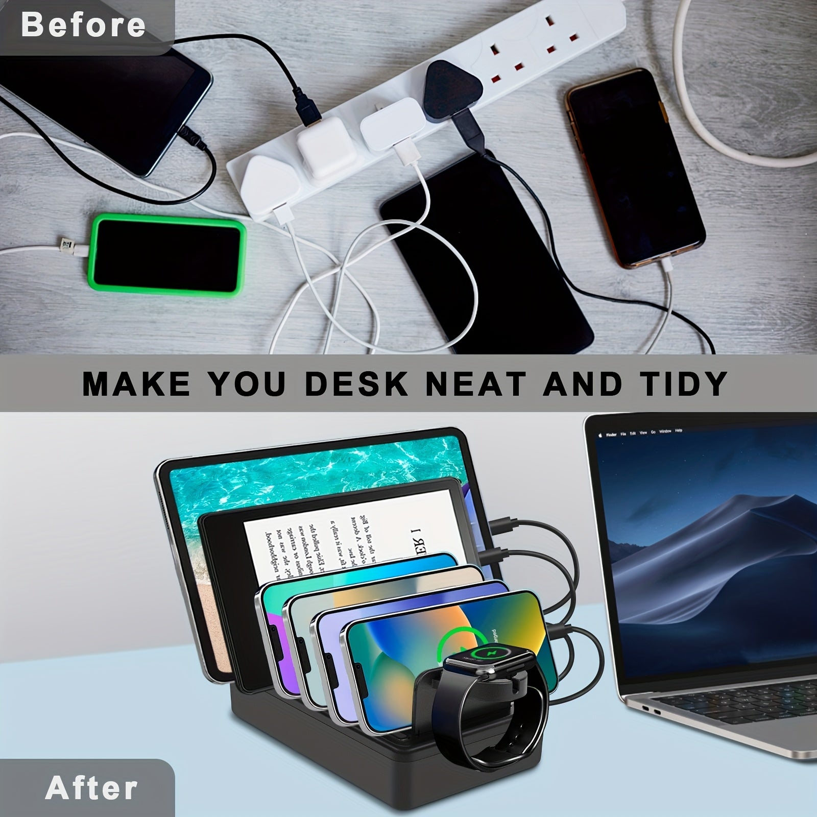 Fast Charging Station For Multiple Devices, 50W 6-Ports USB Charging Station With10-Slot, Detachable Dividers, Watch Holder, Compatible With Phone/iPad/Kindle/Tablet