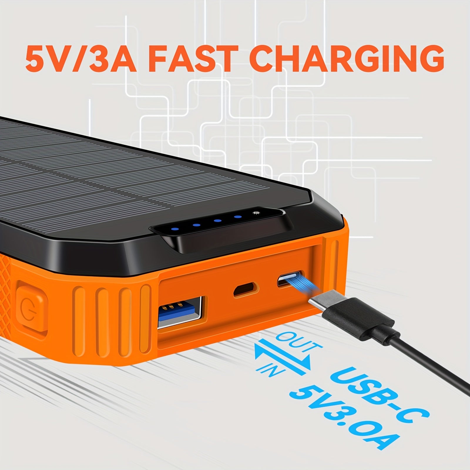 Solar Power Bank with Solar Charging & USB-C Fast Charging, 20000mAh Portable Charger with Built-in Flashlight, Triple Cable (3A Output, Wireless Charging, Compact & Rugged Design for Camping, Emergencies, Travel - Compatible with Smartphones, Tablets,