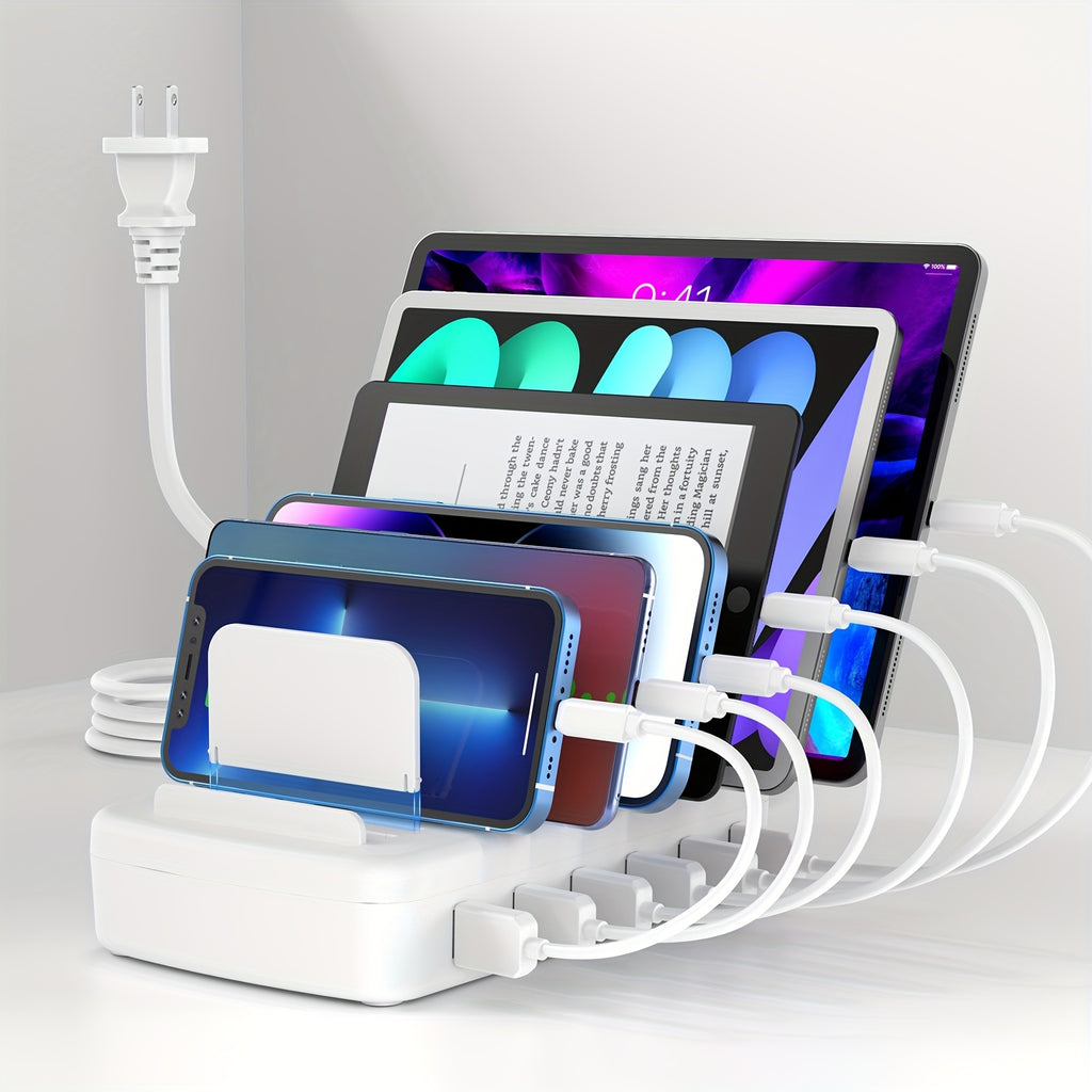 Fast Charging Station for Multiple Devices, 50W 6-Port USB Charging Station with 14 Slots, 7-Detachable Dividers Can Choose Width According to Devices And Adjust Spacing Freely, 1 Fixed Low Baffle Allows to Place The Phone Without Blocking The Screen,