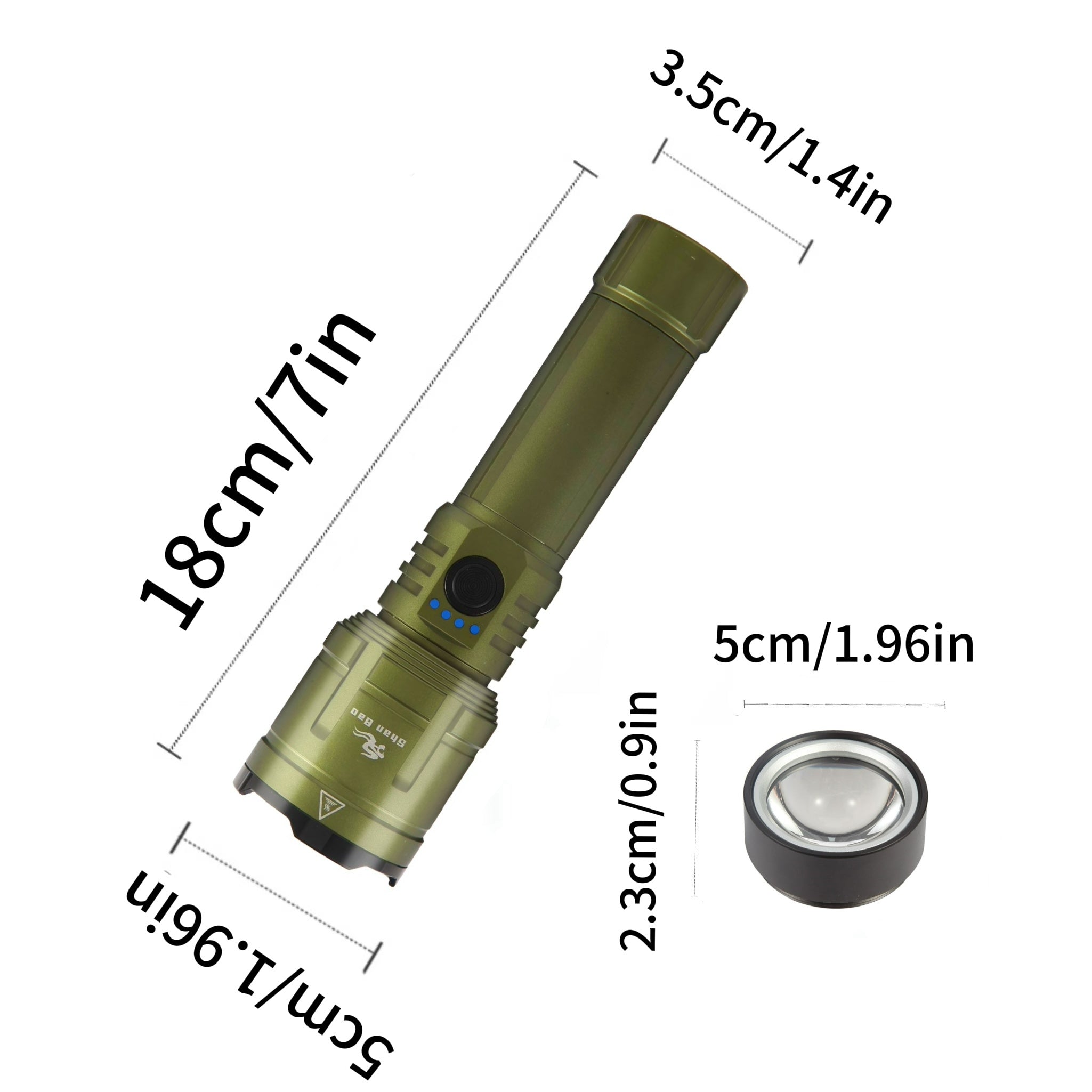 Green Outdoor Camping Mountaineering Zoom Flashlight Strong Light Focusing Light Source Can Ignite The Flame