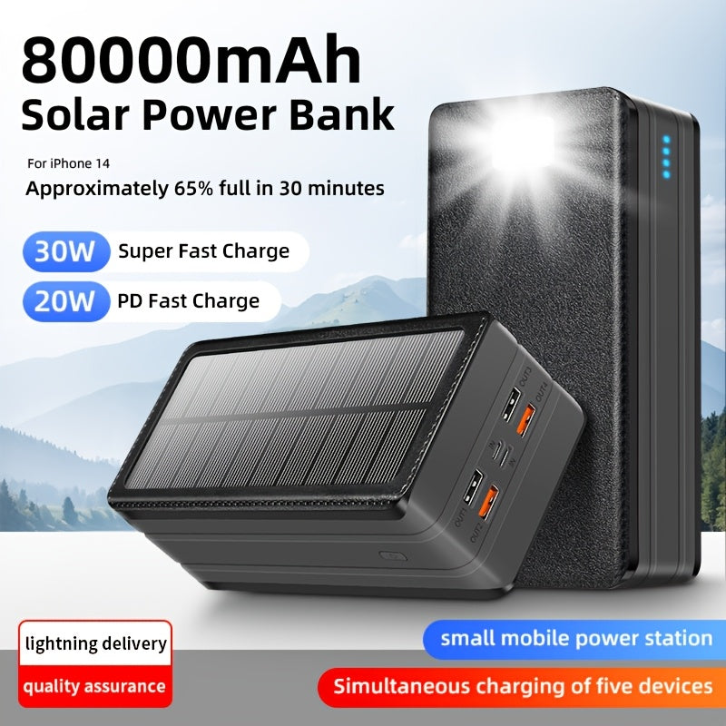 80, 000mAh Solar Power Bank, Large Capacity, 30W Fast Charging Mobile Power, 5Outputs And 2 Inputs, LED Flashlight SOS/Strobe/Strobe Light Flashlight, PortableCharger, Suitable for Outdoor Camping And Wilderness Survival Gear